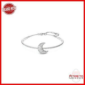 Crystal Crescent Moon Bangle Bracelet Rhodium Finish 6.75 Inches